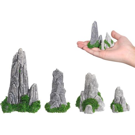 4 Pièces Mini Bonsaï Montagne, Jardin Miniature Décor, Fish Tank Décor Résine, Jardin Ornement Aquarium Pierres de montagne Maison de poupée Accessoires Table de Sable (4, Grand)