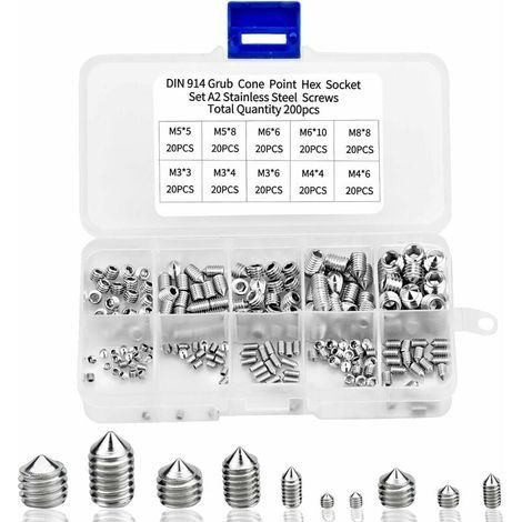 200pcs Vis Pointeau Vis Sans Tête Hexagonale , M3 M4 M5 M6 M8 Tête Conique Acier Inoxydable 304, Vis de pression,Kits de Vis à Six Pans Creux Coupelle (1/5)