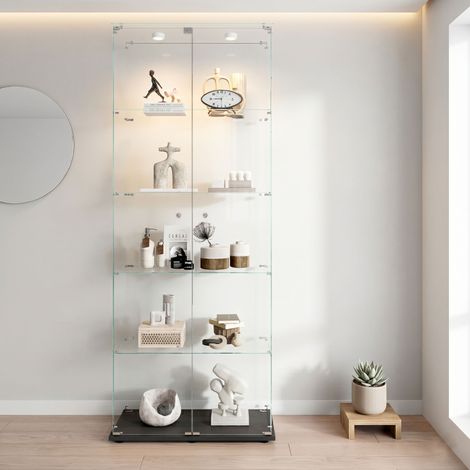 Vitrina de cristal con lámpara - Vitrina moderna independiente de cristal templado transparente con 5 estantes y 2 puertas - Colección Vitrinas - Negro