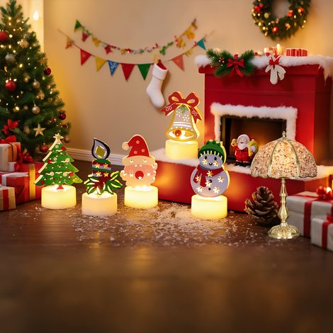 Lot de 5 décorations lumineuses en fer pour Noël, lampes sur table à piles avec motifs Père Noël, bonhomme de neige, sapin et éclairage blanc chaud – (1/5)