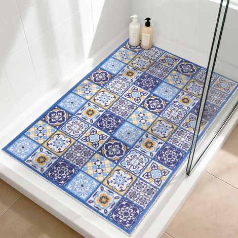 Tapis de douche antidérapant 80 x 120 cm – Tapis de bain doux et confortable avec trous de drainage, tapis de massage en luffa PVC antidérapant pour douche, séchage rapide (1/5)