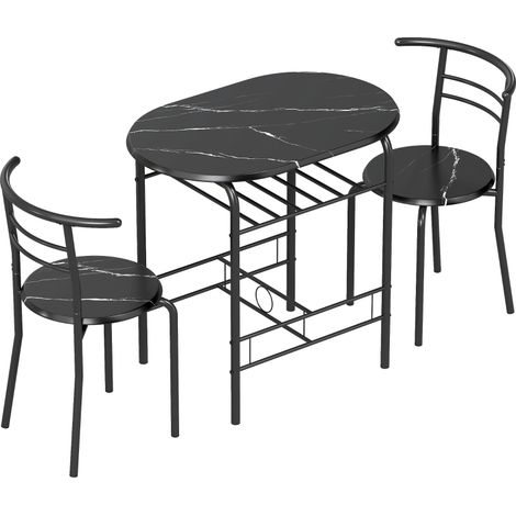 Ensemble de salle à manger 3 pièces, table de cuisine et chaises pour 2 personnes avec étagère, salon, aspect marbre noir (1/5)