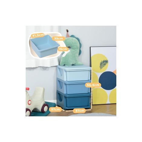 Boîtes de rangement pour enfants, 3 tiroirs, bords arrondis, design surélevé, 37x37x56,5 cm, bleu (1/5)