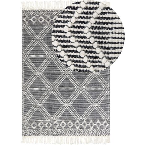 Tapis Motif Géométrique Frange 160 x 230 cm en Laine Gris et Blanc Cassé Toprakkale (1/5)
