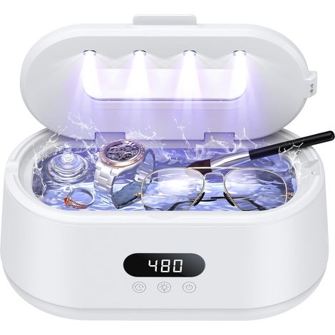 Nettoyeur de bijoux à ultrasons, 50 kHz, double modes et affichage LED, 5 modes de nettoyage, nettoyeur sonique 24 W pour bijoux, lunettes, montres, bagues, bracelet de montre (blanc) (1/5)