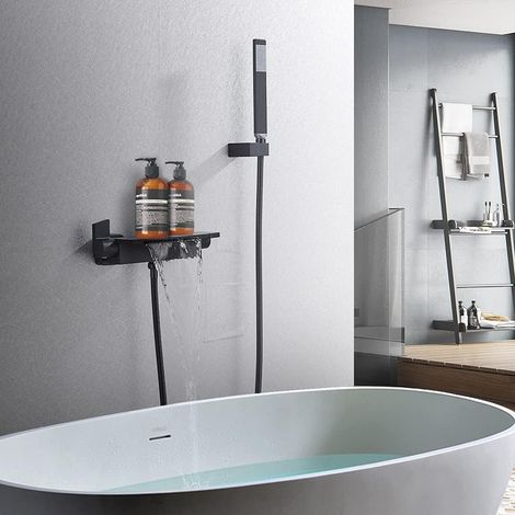 Suguword – Mitigeur de baignoire noir en laiton – Douche à main et bec cascade – Économie d'eau – Résistant à la corrosion – Design moderne (1/5)