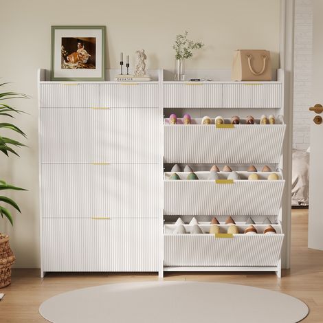 Schuhschrank 77,1x24,2x133,5 cm - Schmaler Schuhkipper mit 3 Klappen und goldfarbenen Griffen - MDF und Metall, Weiß