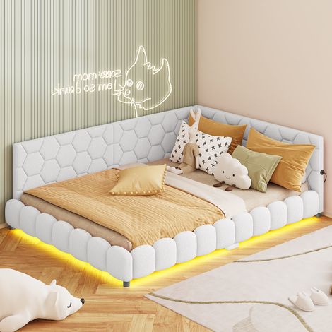 Lit double 140x200 cm,Lit Canapé avec Barrières de Sécurité et Lumières LED,ports USB Intégrés,Moderne,Tissu Sherpa Blanc,Adulte/ado