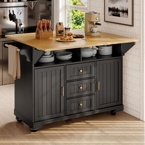 Desserte de cuisine pliante 120x40(80)x95 cm avec 3 tiroirs, 2 portes et roulettes, noire (1/5)