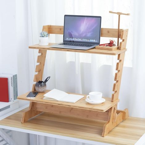 Rehausseur Ecran PC Portable - Bureau debout réglable En Bambou Avec Plateau de clavier Poste de Travail Réglable en Hauteur Ergonomique Avec Support de Casque - 73x53x71cm (1/5)