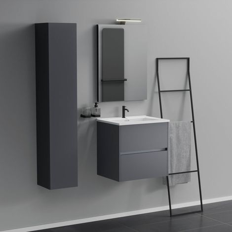 Inda - Badezimmerschrank 2 Schubladen L.60 mit Spiegelwaschbecken und Lampe - Mattiertes Titan