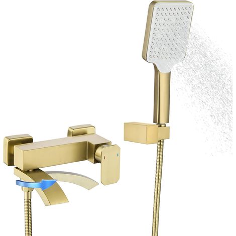 Robinet de baignoire doré avec douchette 3 fonctions, grande taille, robinet de salle de bain avec bec rotatif à 90°, doré brossé (1/5)