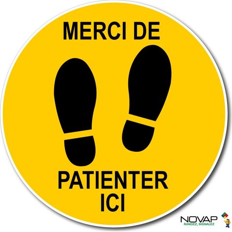 Panneau Merci de patienter ici - pas - Jaune - spécial sol - Ø 450 mm - 4007847
