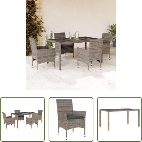 Gartenessgruppe - 5-tlg. Garten-Essgruppe mit Kissen Grau Poly Rattan und Glas (1/5)