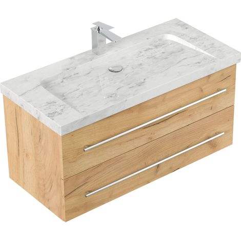 Badmöbel Marmor Carrara White Damo 100 cm 1 Hahnloch SoftClose eiche gold