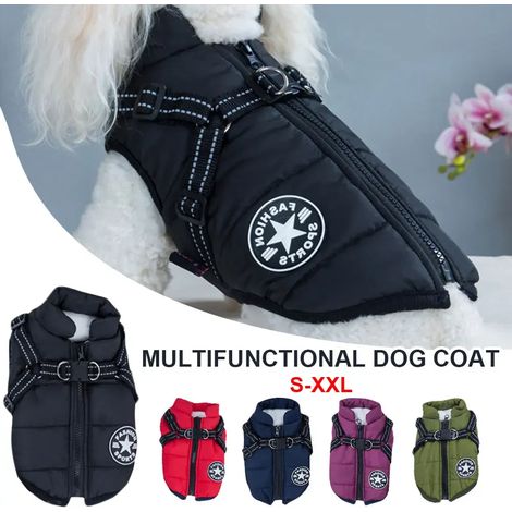 (SC) Veste d'hiver pour chien avec harnais - Vêtements d'hiver pour chien - Imperméable - Noir (1/5)