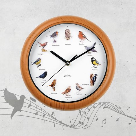 Horloge murale avec chant d'oiseaux, 12 chants d'oiseaux et motifs d'oiseaux réalistes, Arrêt automatique entre 21 et 5 heures, Cadre en bois (piles AA requises, 25 x 4 cm) (1/5)