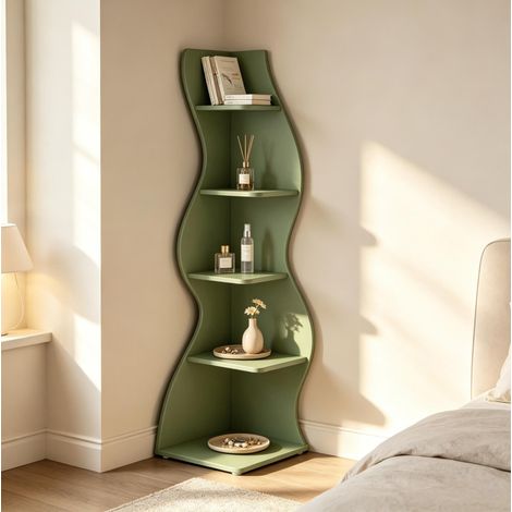 Étagère d'angle 5 niveaux en bois, étagères réglables, verte HAVRYA (1/5)