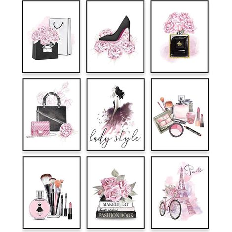 Modern Wall Arts Women Wall Posters Roses Perfume Wall Decorations Handbags High Heels Girl Living Room Home Bedroom Decorations Frameless