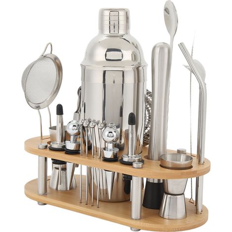 Ensemble shaker à cocktails en acier inoxydable, kit de barman multifonctionnel avec support en bambou pour bar à domicile et préparation de boissons pour les fêtes. (1/5)
