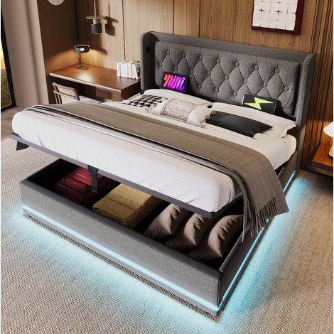 Letto contenitore adulto 180x200 cm con testiera, porte USB e Type-C, LED e sistema idraulico, in cotone grigio, materasso non incluso (1/5)