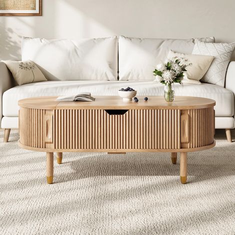Mesa de centro ovalada elevable con almacenaje y puertas correderas, 110 x 48 x 57 cm (1/5)