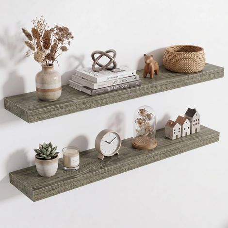Étagère Murale en Bois, Version Extra résistante, Longueur 90 cm, Tablette Murale pour Salon, Salle de Bain, Chambre, Cuisine, chêne Gris, Lot de 2 (1/5)