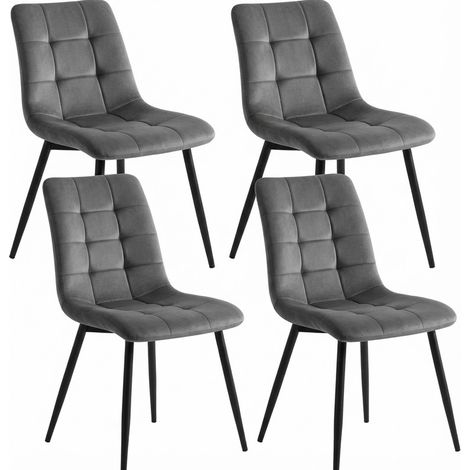 Lot de 4 chaises en velours gris, Chaise Salle à Manger avec assise capitonnée, Chaise de salon avec dossier ergonomique avec soutien, pieds métal noir antidérapants, pour cuisine