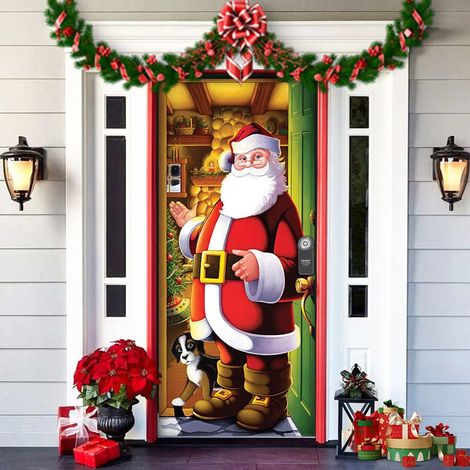 1PC Père Noël Couverture de Porte Décoration de Porte Noël Couvertures Porte Suspendues Noël Suspension de Bannière Noël Toile de Fond avec 4 Velcros pour Décorations Porte D'entrée Noël,91cm x 203cm (1/5)