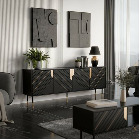 Aparador Landiona, aparador de salón con cuatro puertas batientes y compartimentos interiores, elevado del suelo, 204 x 40 h 72 cm, negro y dorado (1/4)