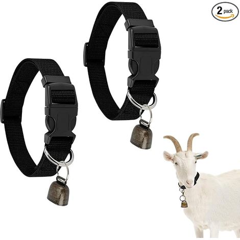 Lot de 2 colliers pour chèvres avec clochettes. Nylon réglable, boucle à ouverture rapide. Système anti-perte pour petits animaux de ferme comme les chèvres et les vaches. Noir. (1/5)