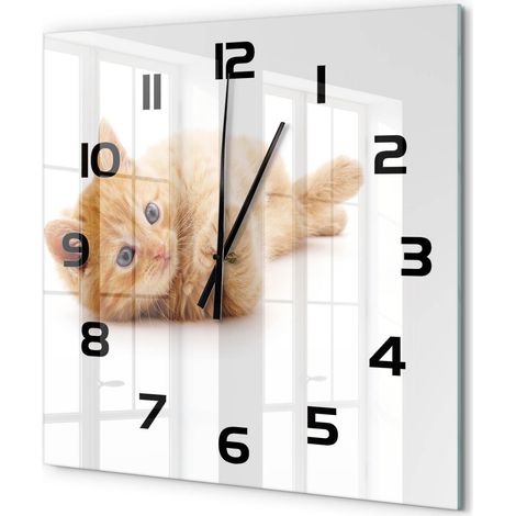 Grande Horloge Murale Carrée Verre Trempé Design Épuré Silencieuse pour Intérieur Chat roux 60x60 cm (1/5)
