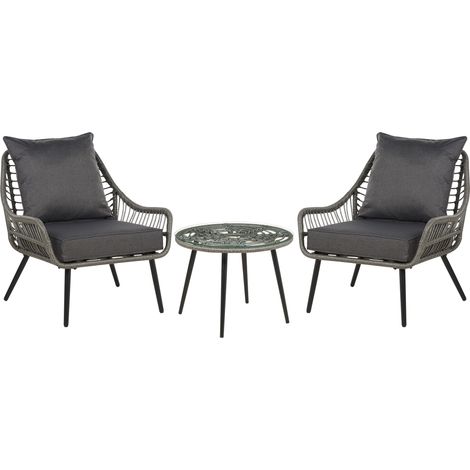 Conjunto de jardín boho balcón exterior patas de metal mesa de centro y 2 sillas ratán gris Laureto (1/5)