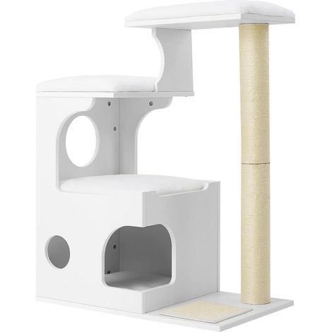 FEANDREA Arbre à Chat, Hauteur 86cm, 3 Plate-Formes et 1 Grotte, Panneau MDF avec placage de Bois, Poteau en sisal, Imitation Fourrure Lavable, Style Vintage, Blanc Nuage (1/5)