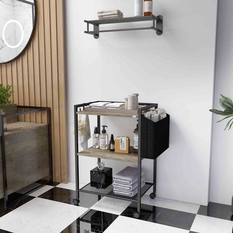Carrito Auxiliar con Ruedas de 3 Niveles con Bolsa de Tela y 2 Ganchos para Salón Cocina Comedor 66x40x80,5 cm Gris (1/5)