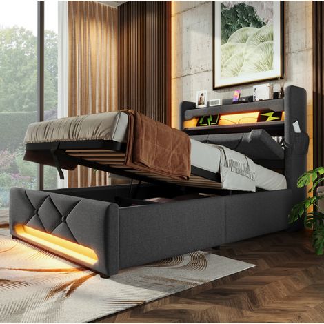 Letto imbottito 90x200 cm in lino grigio con LED 360°, testiera con USB e contenitore idraulico (1/5)