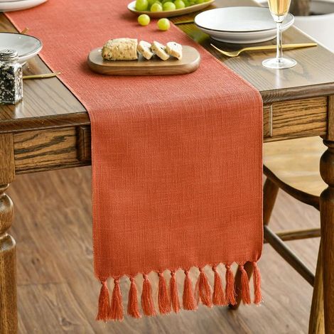 Chemin de table rustique en terracotta orange pour ferme, décoration d'automne pour cuisine et salle à manger, avec frange, 33x183 cm, pour mariage, fête des vacances (1/5)