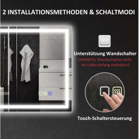 Miroir de salle de bain LED 80x60 cm avec éclairage tactile, fonction Bluetooth, horloge et anti-buée, finition argentée (1/5)
