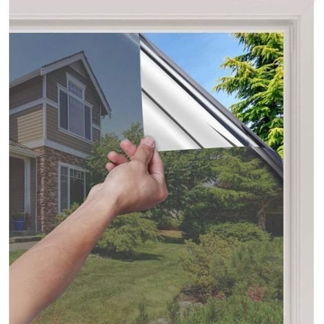 Privacy Window Film 44.5x200cm, One-Way Mirror Effect Adhesive Film for Window Privacy Screen, Heat and UV Protection, One-Way Blackout Mirror Sheet, Sun Protection, Silver (1/5)