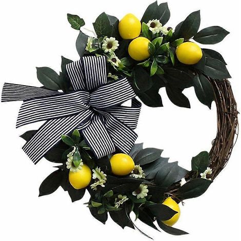 Couronne de porte d'entrée, couronne de fleurs artificielles avec citron et nœud papillon (1/4)