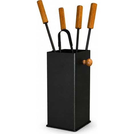 Kaminzubehör 5-teilig Kaminbesteck Schwarz Stahl mit Holzgriffen robust & modern (1/5)