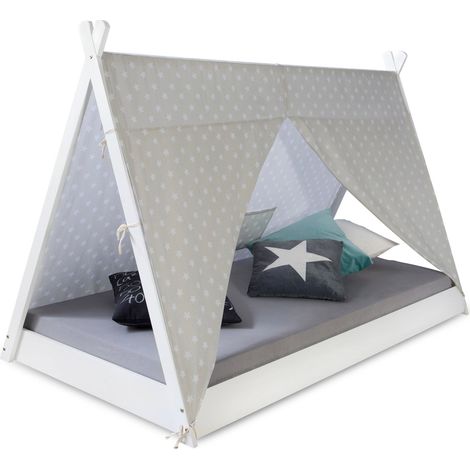 Décoshop26 – Lit enfant tipi 90 x 200 cm en bois de pin blanc – Tente en tissu étoiles – Sommier à lattes inclus – Facile à assembler (1/5)