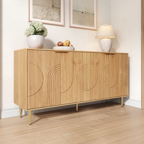 Sideboard 140 x 40 x 72 cm, schlichtes Design, gravierte Fronten, viel Stauraum, MDF, Naturfarbe (1/5)
