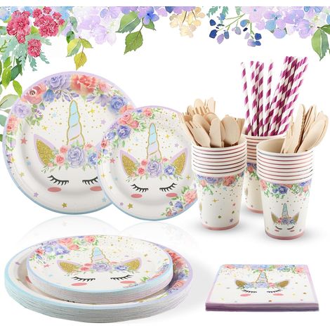 Set Vaisselle Licorne - 200 Pièces pour 25 Invités - Papier Alimentaire - Anniversaire Fille (1/5)