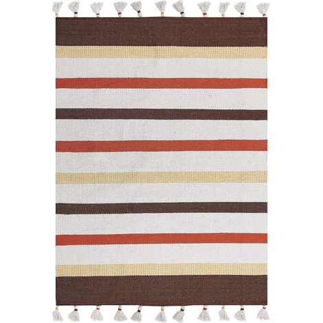 Tappeto cotone soggiorno pelo corto fatto a mano 140 x 200 cm marrone e beige Hisarli