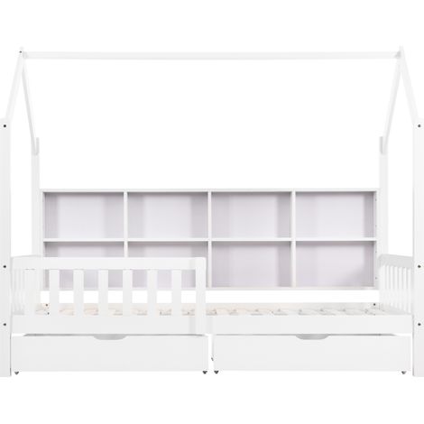 Lit enfant maison avec bibliothèque multifonction, étagère de rangement, armoire, étagère et deux grands tiroirs avec rangement et forme cheminée, 90x200 cm, blanc (1/5)
