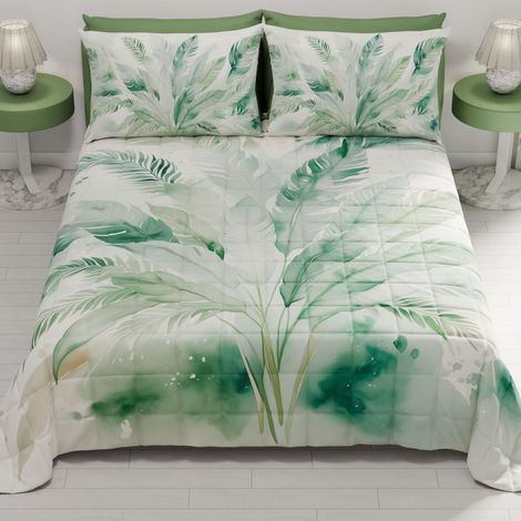 Couvre-lit d'été 260x270 cm 100 g/m² Double Face, Couette légère pour lit Double, Printemps, Modèle Palmier Sage, 100% Fabriqué en Italie (1/2)