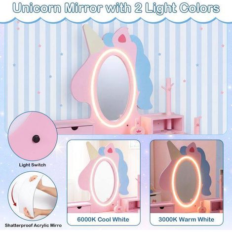 Coiffeuse enfant rose en bois avec miroir licorne LED et tabouret, tiroirs de rangement pour chambre, salle de jeu et coin étude (1/5)