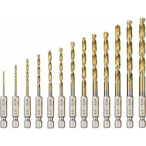 HSS Twist Drill Bit 13Pcs Titanium Coated High Speed Steel Hex Drill Bits 1.5mm - 6.5mm for Wood/Metal/Plastic Drilling (1/5)