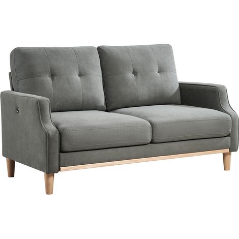 Gerades 2-Sitzer-Sofa aus Stoff, mit USB-Anschluss, Design-Armlehnen, dickem Sitzkissen, Dunkelgrau (1/4)